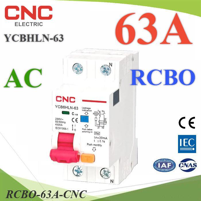 63A RCBO 2P เบรกเกอร์กันดูด AC L-N 30mA Residual Current Circuit Breaker MCB CNC