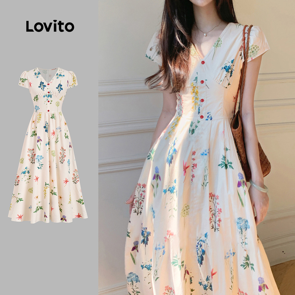 กระโปรงเอวตัดทรง A มีปุ่มคอกลมแบบวี พิมพ์ลวดลายดอกไม้ DRB158PAD1383