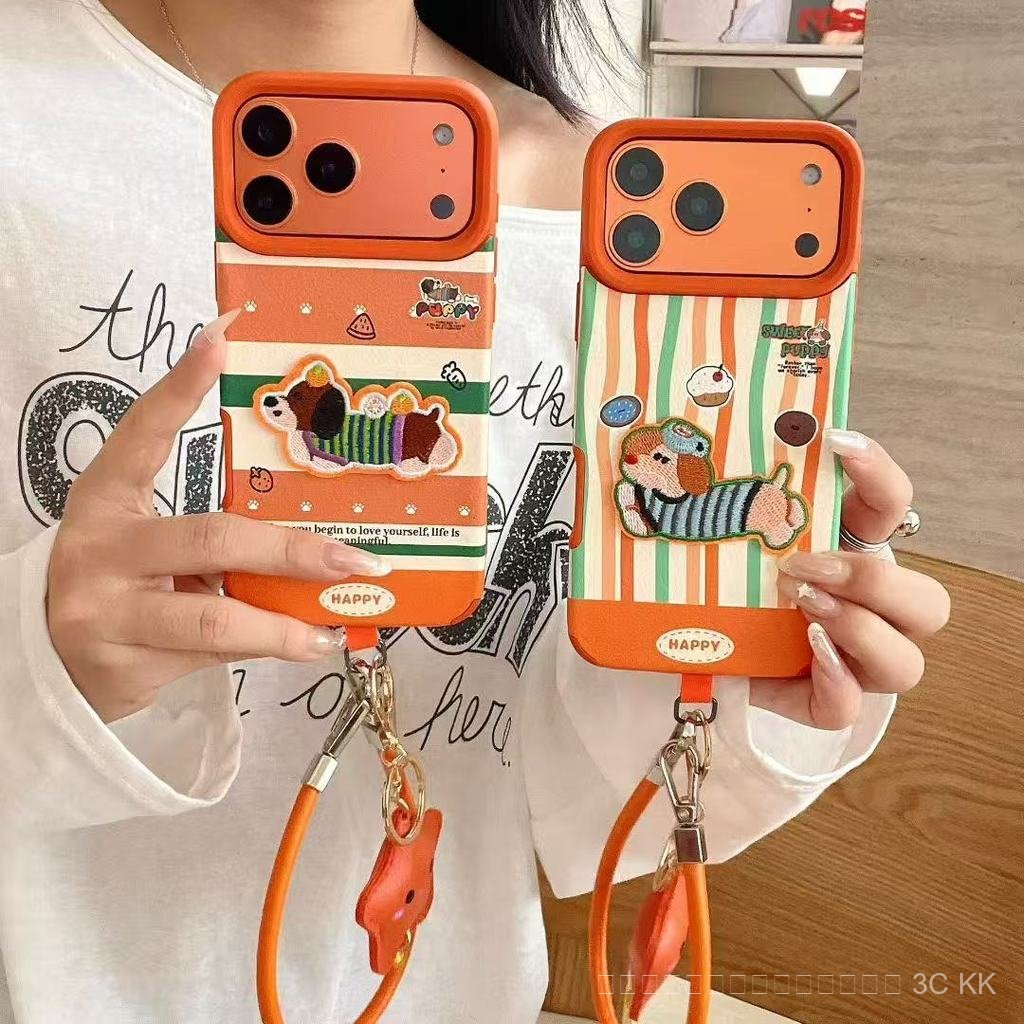 กันกระแทก iPhone ลายเส้นสีสดใสและลายสุนัข Dachshund ปัก พร้อมสายคล้องมือ สำหรับ 17/16/15/14 Pro Max