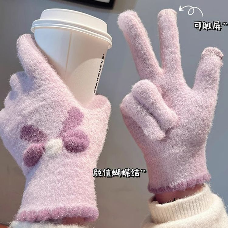 เวอร์ชั่นเกาหลีหวานถักถุงมืออุ่นสุภาพสตรีฤดูหนาวเย็นหลักฐานหนา อิน สไตล์โบว์ ผ้าแจ็คการ์ด หน้าจอสัมผัสเต็ม