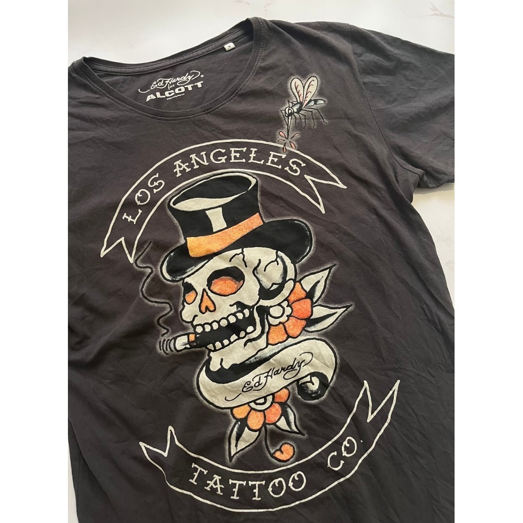 EDHARDY ผ้าฝ้าย 100% y2k Skull Firework พิมพ์เสื้อยืดอินเทรนด์ฤดูร้อนสไตล์ใหม่พร้อมสต็อก