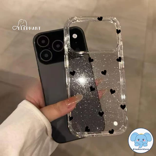 น่ารักครีมหมี15 สำหรับ IPhone 13 17 AIR 16 12 11 15 14 Pro Max XR X XS 6 7 8 15 14 Plus เคสใสเนื้อกลิตเตอร์หัวใจรักสีดำ