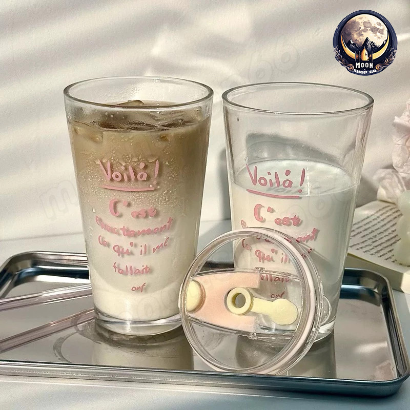 【แถมหลอดและฝา】แก้วกาแฟ เก็บความเย็น 450มล. แก้วน้ำมีฝาปิด ถ้วยแก้วบอโลซิลิเกตสูง พร้อมหลอดแก้ว สไตล์เกาหลี ถ้วยกาแฟ