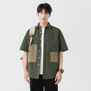M-3XL เสื้อเชิ้ตแขนสั้นทรงเรียบง่าย คอเสื้อสีบล็อกทันสมัย ​​ทรงหลวม เสื้อคาร์ดิแกนอเนกประสงค์สำหรับผู้ชาย