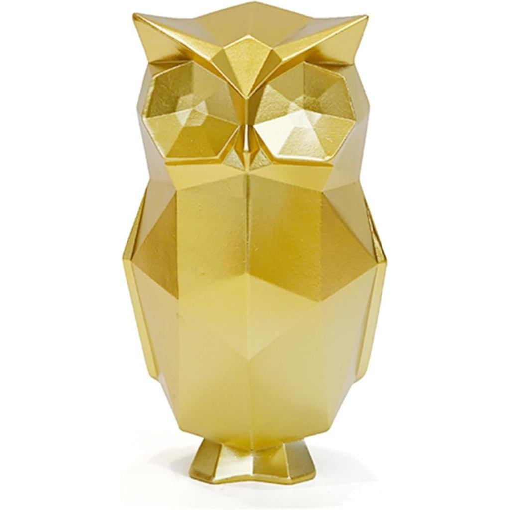 Modern Geometric Owl Figurine - Premium Resin Gold Desktop Decor for Home & Office, 6.3 Inch Small A