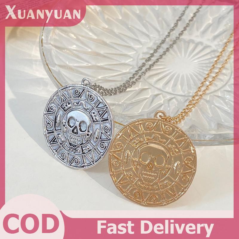 XUAN Pirates Of The Caribbean Aztec Gold Color สร้อยคอเหรียญ Retro จี้ Punk Hip Hop สร้อยคอ TH