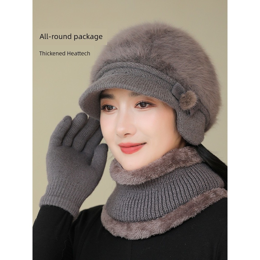 กํามะหยี่หนาหมวกอบอุ่นหมวกฤดูหนาวหญิงวัยกลางคนและผู้สูงอายุแม่หญิงชราถักหมวกผ้าฝ้ายยายกระต่ายหมวกขนส