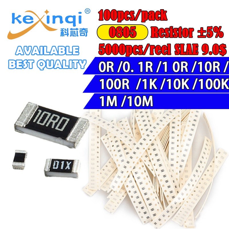 100 ชิ้น/ล็อต SMD 0805 ตัวต้านทาน 5% 1/8W 0R Ohm 0.1R 1R 10R 100R 1K 10K 100K 1M 10M