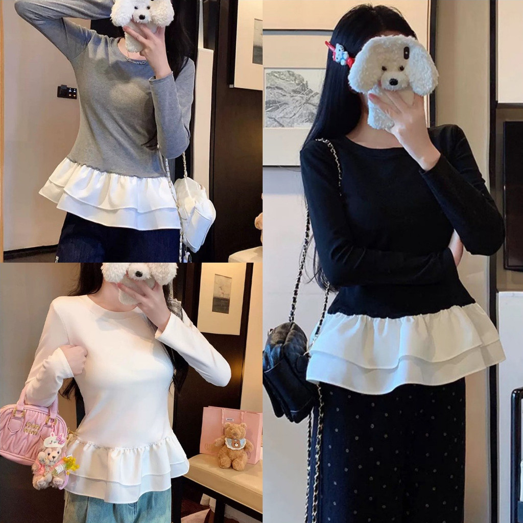 💘Riley💘เสื้อแขนยาว คอกลม ดีเทลแต่งปลายน่ารัก ยืดตามตัว เข้ารูป เสื้อแฟชั่น สวย พร้อมจัดส่ง