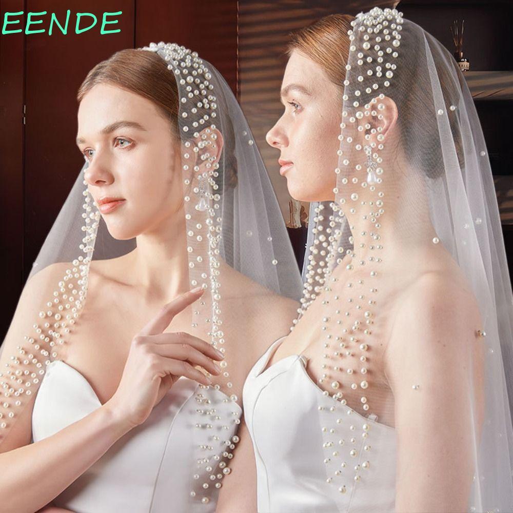 EENDE Pearls Tulle ผ้าคลุมหน้าเจ้าสาว ไข่มุก Vintage สไตล์โบราณ ลูกปัดสีขาวหรูหรา เวลขนาด 130 ซม.