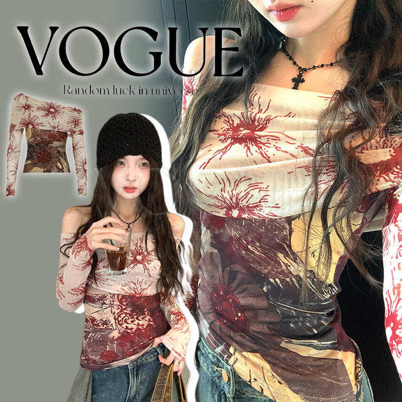 Vogue🌟พร้อมส่ง🌟 เสื้อเปิดไหล่แขนยาว ลายโบฮีเมี่ยน ครีมแดง ยืดพดดีตัว (FY5012)