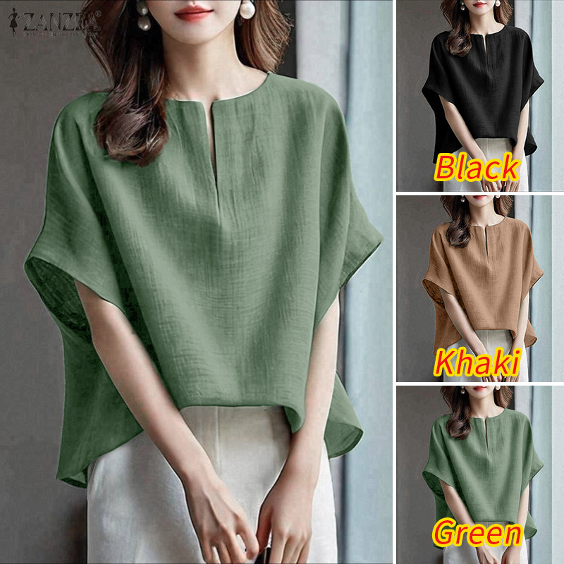 ZAANZE ผู้หญิงเสื้อเบลาส์หลวมแบบครัวเนค สไตล์เกาหลีเรียบหรู - รูปที่ 2