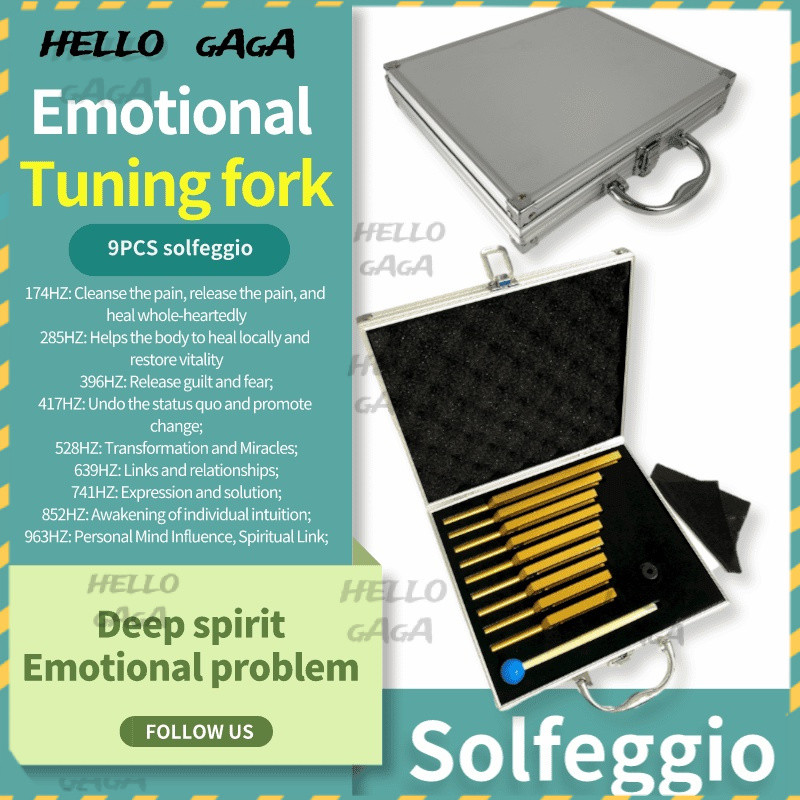 Tuning fork🔔ส้อมจูนเสียง🔔ชุดส้อมเสียงอารมณ์ Solfeggio 9 ชิ้น สีทอง 174Hz 285396417528639741852963 ดน