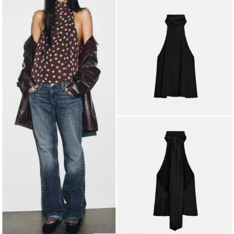 ใหม่ผู้หญิงยุโรปสไตล์อเมริกันแฟชั่นที่เรียบง่ายโบว์-ผูกปม เชือกแขวนคอ คอคอปกด้านบน 2180105