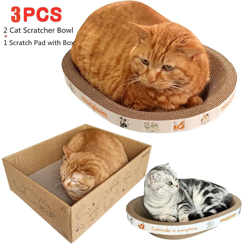 3PCS 2 Cat Scratcher Bowl +1 Corrugated Scratch Pad with Box,Oval Shape Cat Scratcher Cardboard Bed,