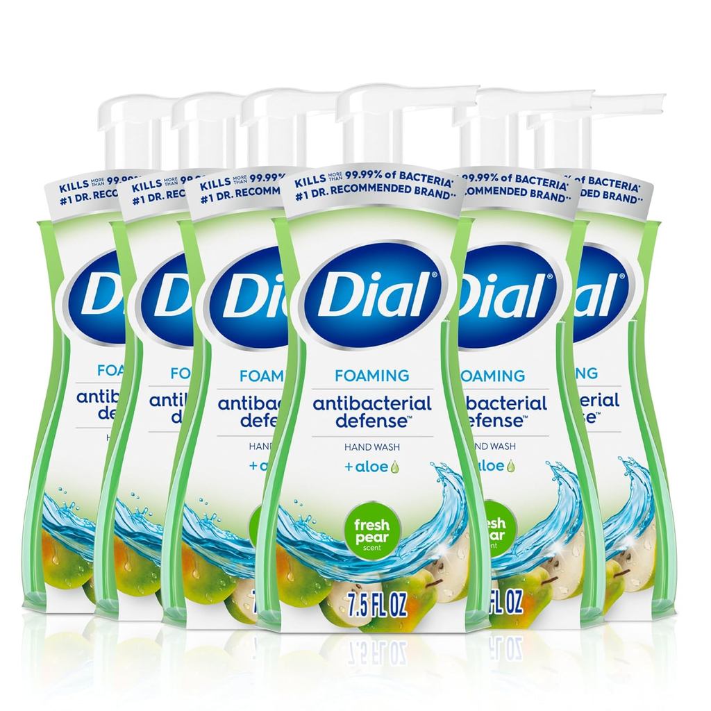 Dial Antibiotic Defense Foaming Hand Soap + Aloe, Fresh Pear, 7.5 Fl Oz (แพ็ค 6), Dermatologist-Test
