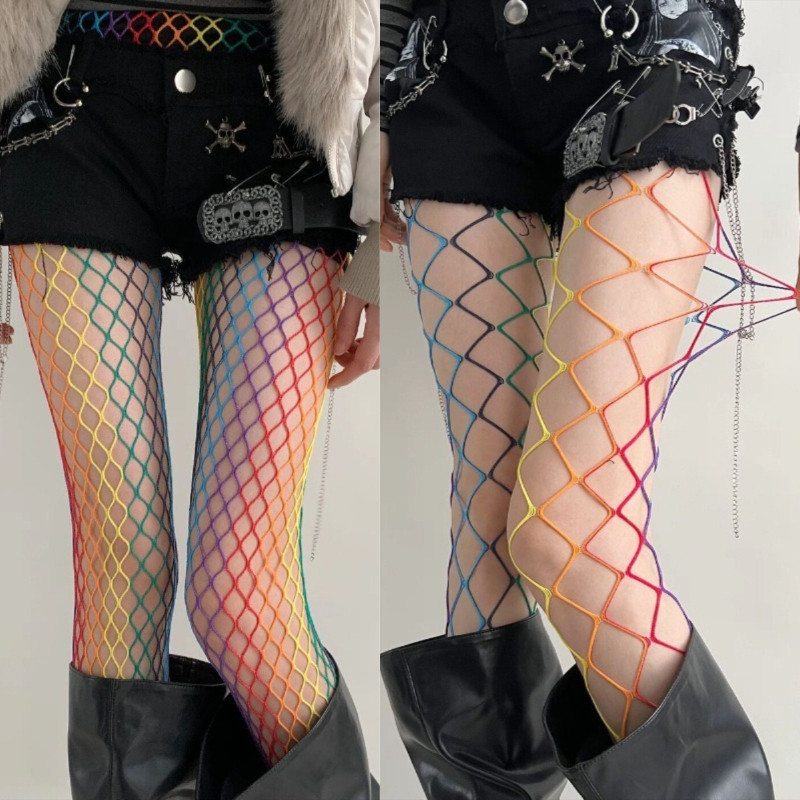 ถุงน่องตาข่ายสไตล์ Punk Y2K สำหรับสาวเซ็กซี่ ดีไซน์ลายตาข่ายใหญ่ สีสันสดใส เหมาะสำหรับคนชอบสไตล์ Gothic และ Lolita