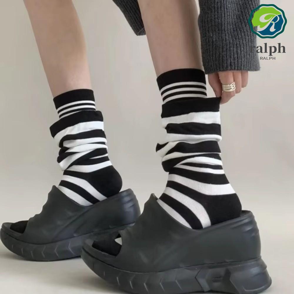Ruffle Stripe Stocking ขนาดคู่ อุ่นเท้าแบบยืดหยุ่นสำหรับฤดูใบไม้ร่วงและหนาว