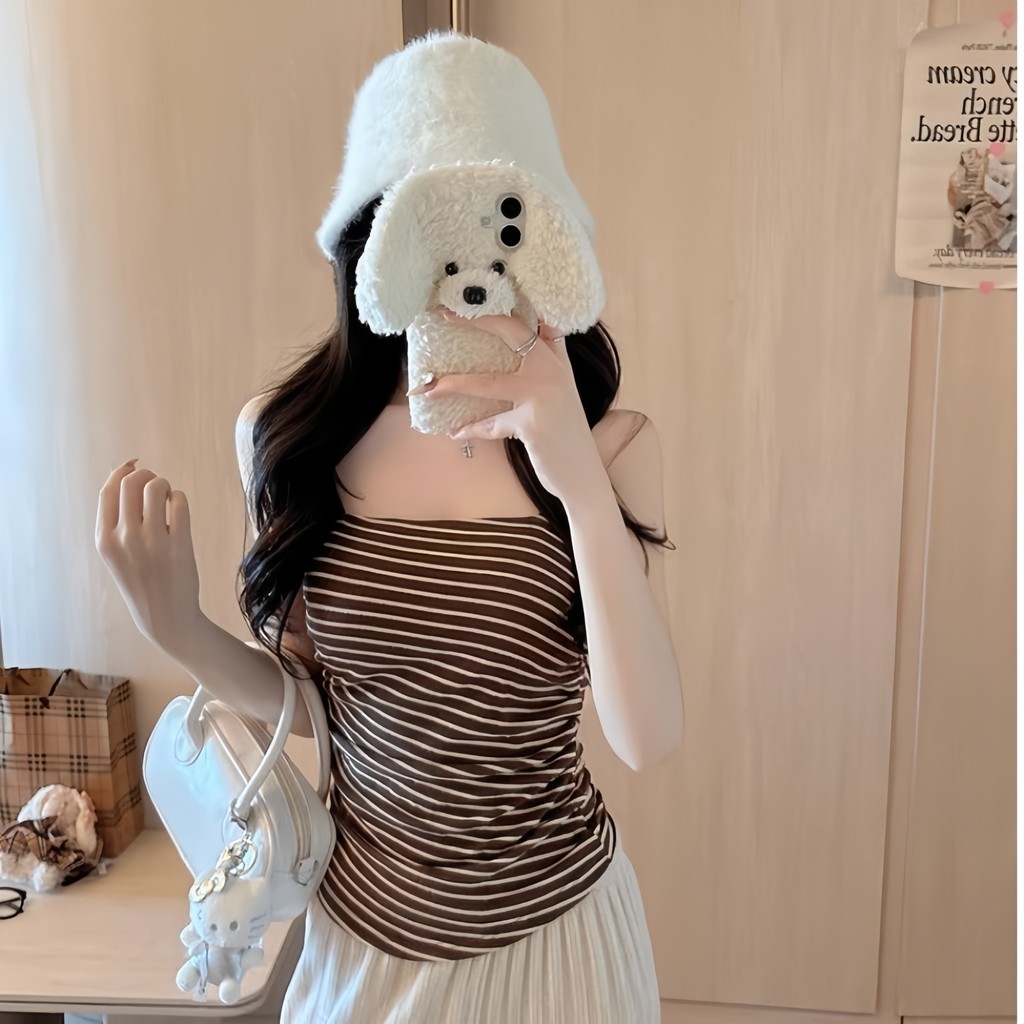 SuSu สายเดี่ยว ใส่สบาย ผ้ายืด ลายเส้น ด้วยฟองน้ำ ผ้านุ่ม ครอปแขนสั้น ราคา ถูกที่สุด ดีลบีเคเค แกลเลอรีภาพที่ 4