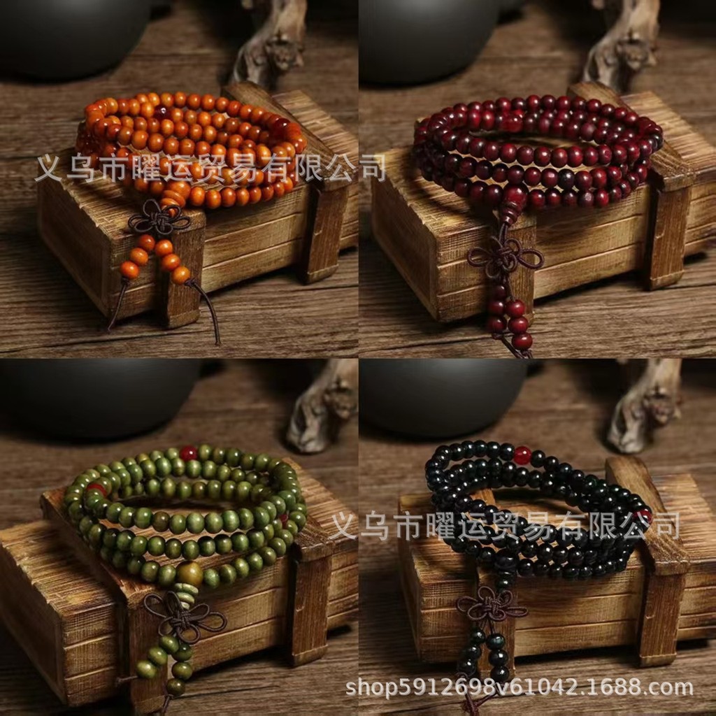 สร้อยข้อมือแบบจีน Live Retro ลายไม้จันทร์แดง 108 เม็ด สำหรับสวมใส่