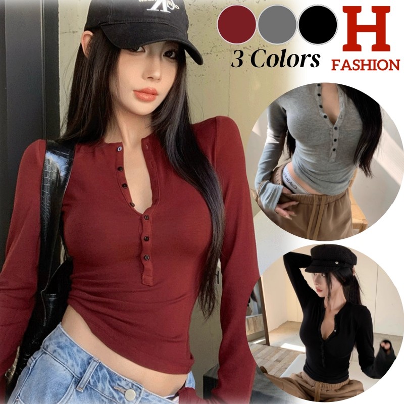 HOT 'พร้อมส่ง' เสื้อคอวีแขนยาว กระดุมด้านหน้า ผ้านุ่มยืดพอดีตัว(FY651)