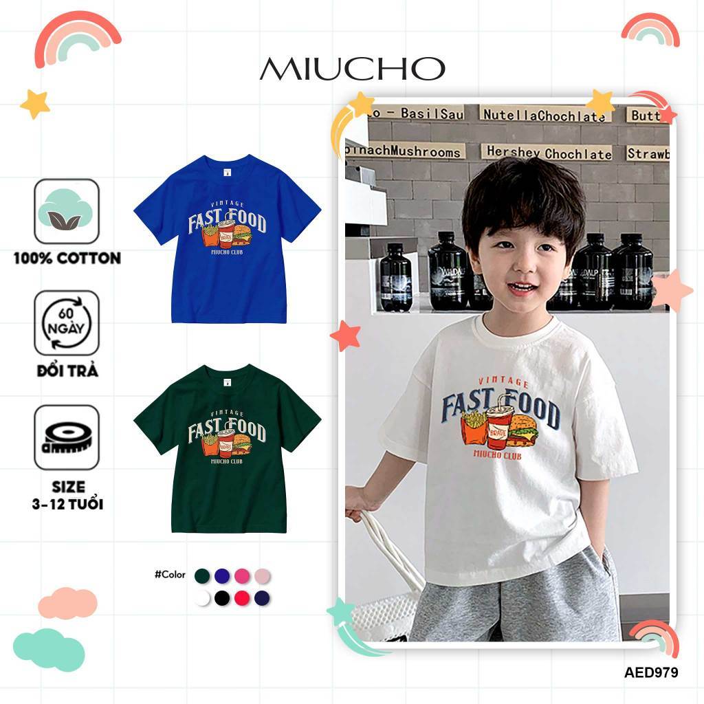 เสื้อยืดเด็กน่ารัก ผ้าคอตตอนหลวม เท่ๆ AED979 Miucho Kid พิมพ์ลายผสม