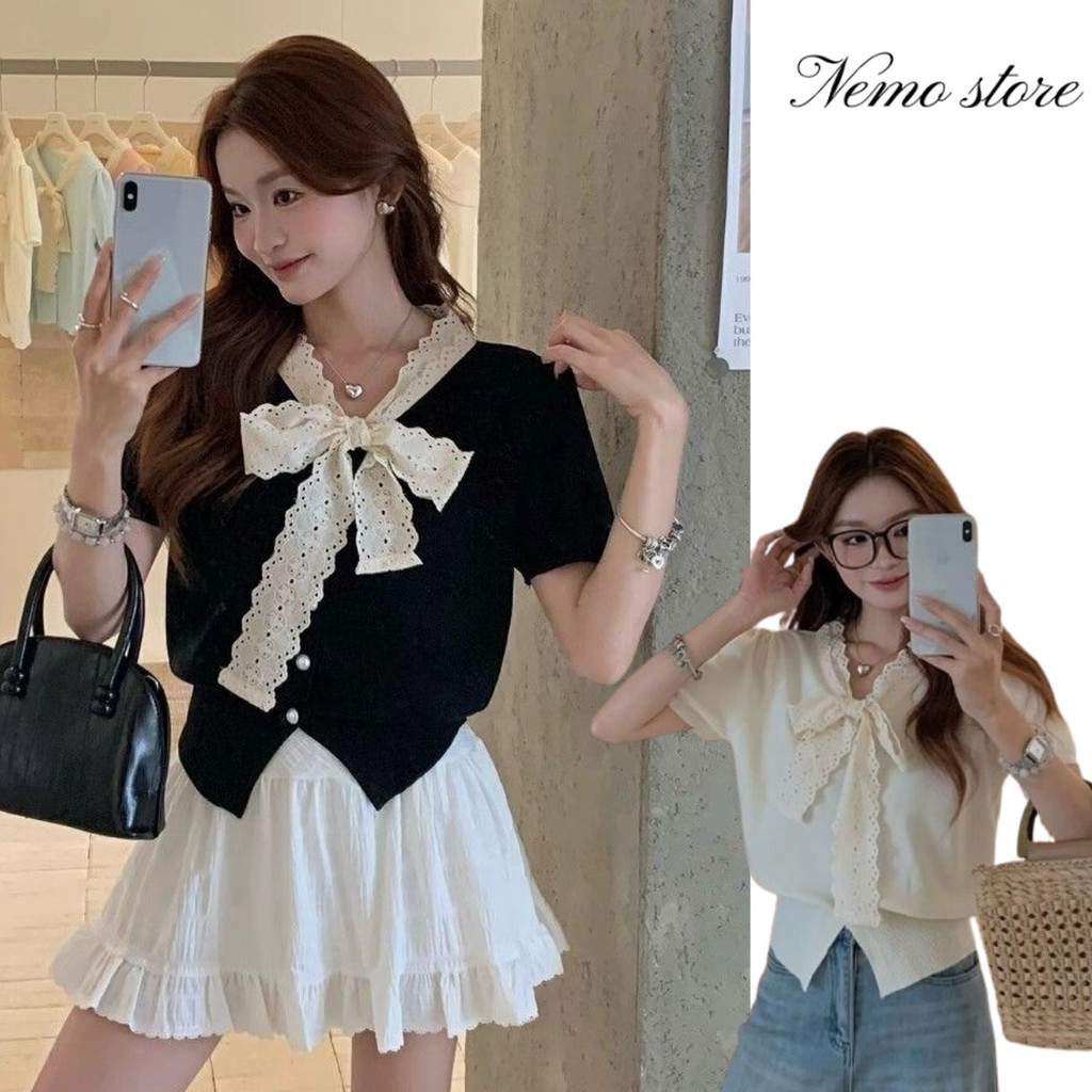 Nemo store🌸#W-M099 เสื้อไหมพรม แขนสั้น คอปกแต่งโบว์ สีพาสเทล เสื้อผู้หญิง มีให้เลือกหลายสี