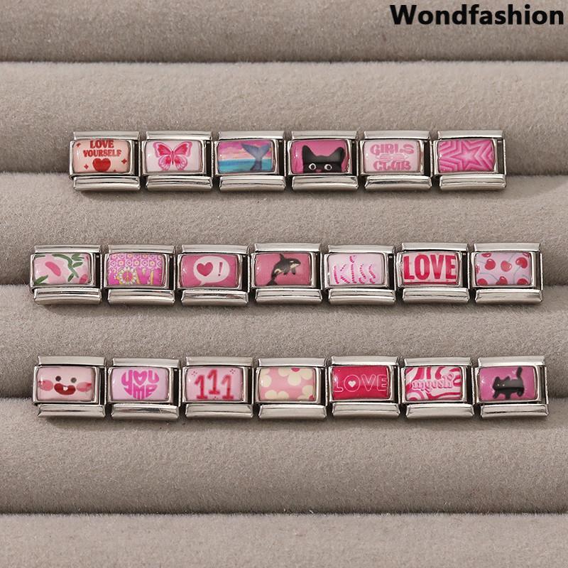 สร้อยข้อมือ charm สไตล์อิตาเลียน พิมพ์ลายแมวและผีเสื้อสีชมพู ขนาด 9 มม. สแตนเลส เหมาะสำหรับ DIY และสไตล์เรโทร