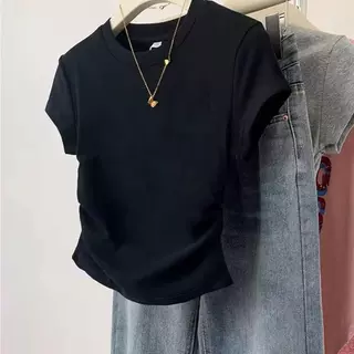 เสื้อยืดผู้หญิงผ้าฝ้าย แขนสั้น คอกลม สีขาว-ดำ-น้ำเงิน-เทา เสื้อยืดผ้าฝ้าย แขนสั้น
