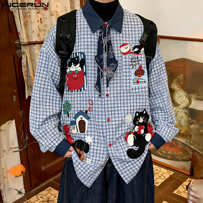 INCERUN เสื้อเชิ้ตผู้ชาย สไตล์เกาหลี แขนยาว พิมพ์ลายตาราง