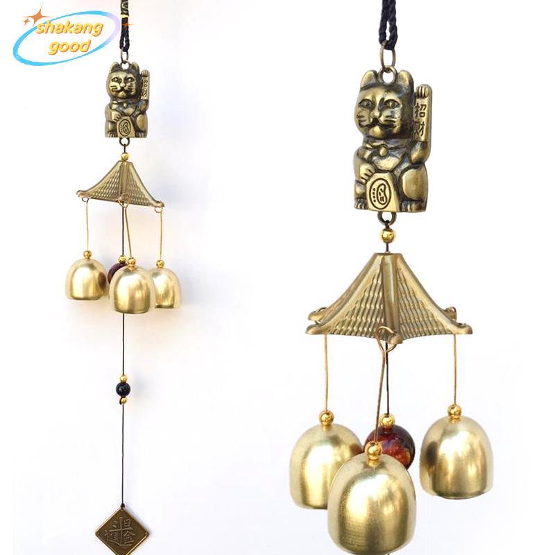 SKTH โลหะทองแดงกระดิ่งลมจี้ตกแต่งประตู Lucky Cat Feng Shui จี้ SKK