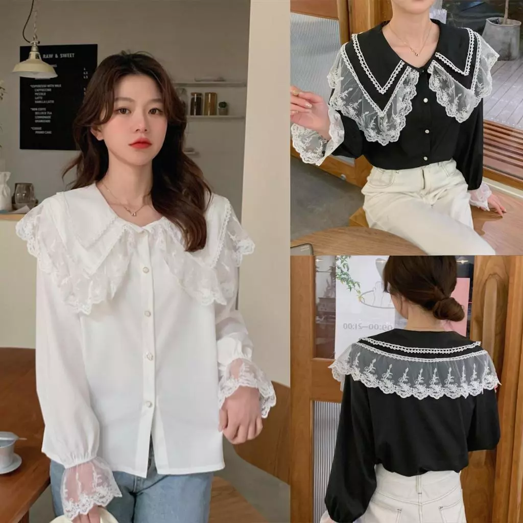 Chili Koko เสื้อเชิ้ตสีดำคอปกลูกไม้ เสื้อเชิ้ตคอตุ๊กตาสไตล์เกาหลี แต่งลูกไม้ กระดุมแถวเดียว แขนยาว สำหรับผู้หญิง w685