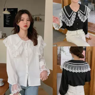 Chili Koko เสื้อเชิ้ตสีดำคอปกลูกไม้ เสื้อเชิ้ตคอตุ๊กตาสไตล์เกาหลี แต่งลูกไม้ กระดุมแถวเดียว แขนยาว สำหรับผู้หญิง w685