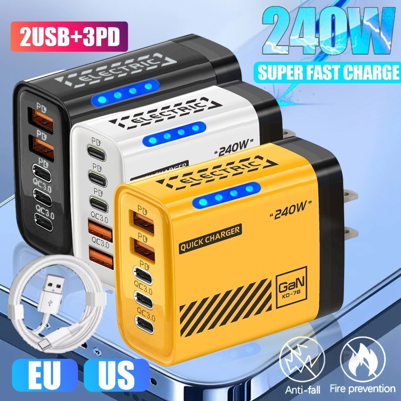 กันน้ํา 5IN1 240W Power Adapter - Anti Impact 3PD 2 USB Charger สําหรับ IPhone - ทนต่อการสึกหรอ US EU Plug Chargers สําหรับแล็ปท็อป Android