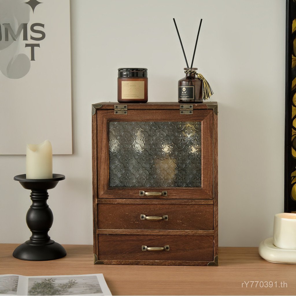 เครื่องสําอางสก์ท็อปตู้กระจกจัดเก็บเครื่องประดับตู้ไม้ใหม่จีนกล่องเก็บบีโกเนียดอกไม้ที่มีลิ้นชักย้อน