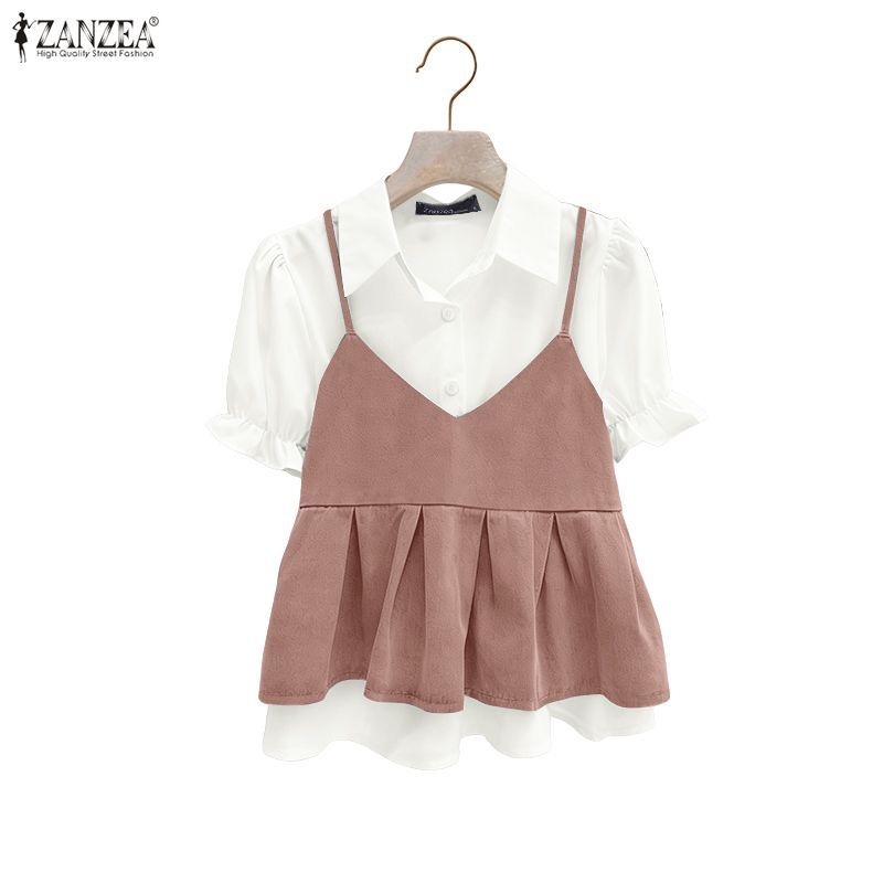 ZANZEA เสื้อเชิ้ตแฟชั่นเกาหลีสำหรับผู้หญิง แขนสั้น คอปก สไตล์เดนิม พิมพ์ลาย patchwork