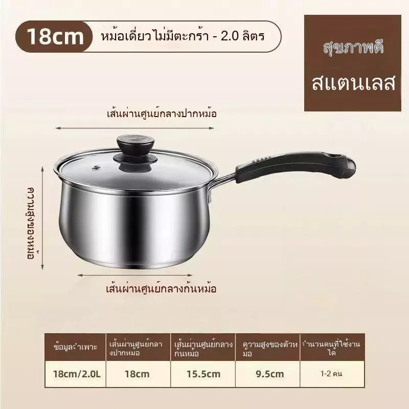 [ชุด 3 ชิ้น ขนาด 16+18+20 ซม.] หม้อสแตนเลสสำหรับต้มนม ทำซุป ต้มบะหมี่ และอาหารเสริม thumbnail 8