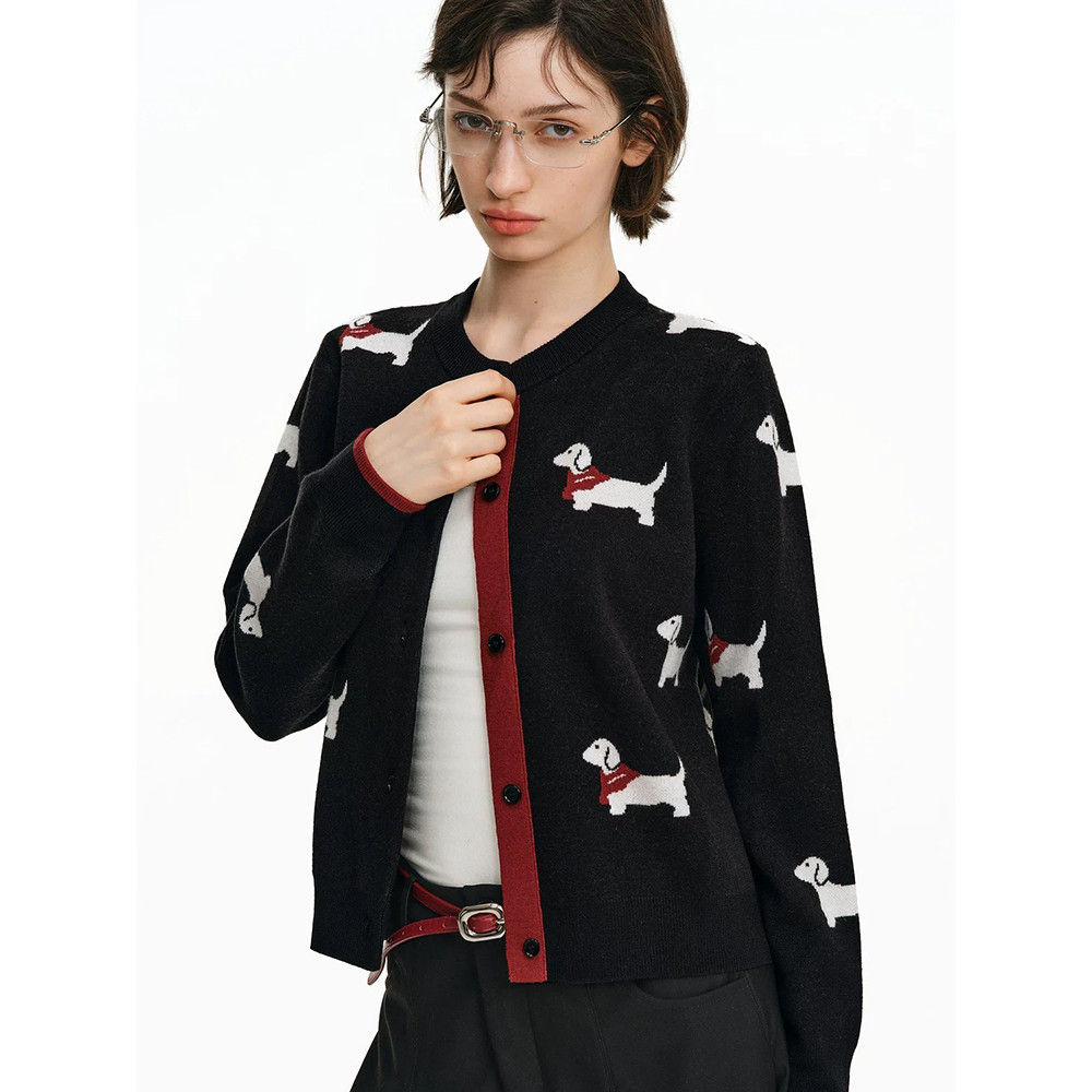 Vogue🌟พร้อมส่ง🌟 เสื้อคลุมไหมพรมแขนยาว คอกลม ดีเทลลายน้องหมาสีเทาดำ (BK57) - รูปที่ 4