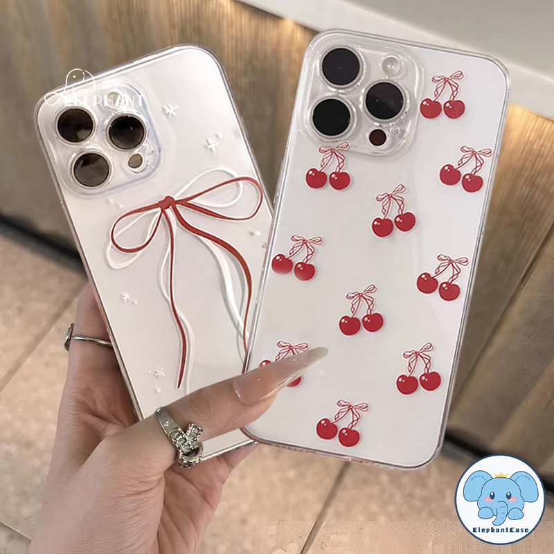 สำหรับIPhone 17 11 air 16 15 13 12 14 Pro Max X XR XS Max 16 14 15 7 8 Plus SE แฟชั่นน่ารักเชอร์รี่เกล็ดหิมะโบว์ใสปก