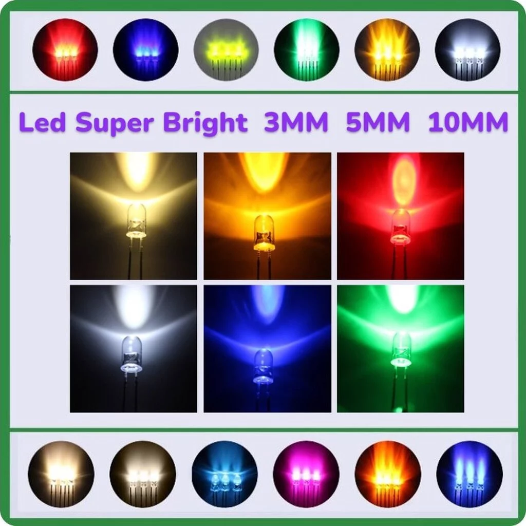 หลอดไฟ LED Super Bright 3mm 5mm 10mm สีขาว สีแดง สีเหลือง สีเขียว สีน้ำเงิน สีม่วง สีชมพู
