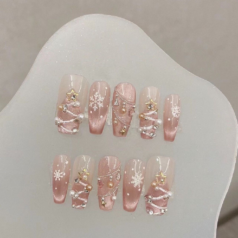 เล็บสวมใส่ได้ทํามือ Ins Pure Desire Christmas Girly Heart Nail Art แต่งเล็บแบบถอดได้อเนกประสงค์อ่อนโยน