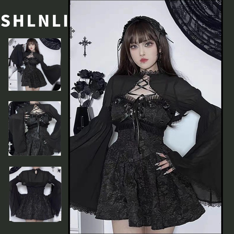 เครื่องแต่งกายคอสเพลย์โกธิคสำหรับผู้หญิง ฮาร์lolิน สไตล์มืด ปกเสื้อสีทึบบาง