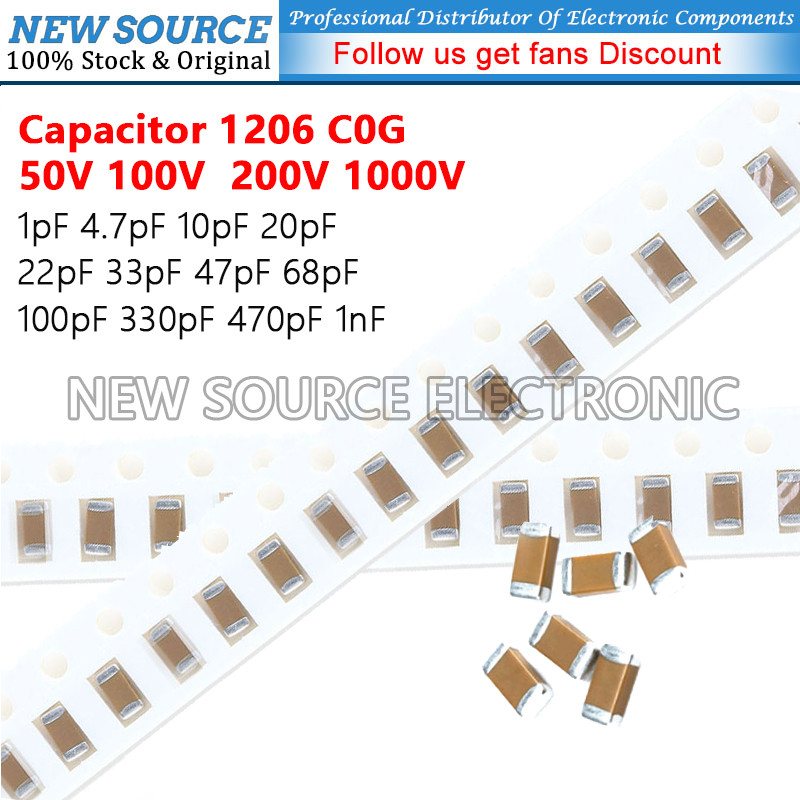 [5 ชิ้น] 1206 SMD 50V 100V 200V 1000V C0G ตัวเก็บประจุ 1pF 4.7pF 10pF 20pF 22pF 33pF 47pF 68pF 100pF