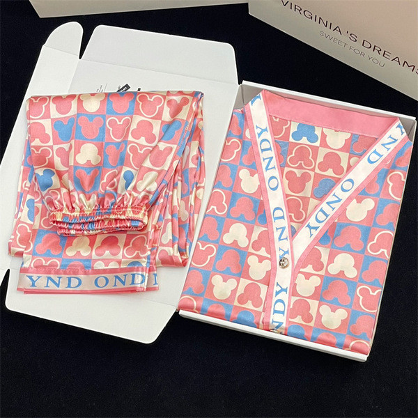 bonnie pajamas ชุดนอนมิโกะ ฤดูร้อนน่ารักแขนสั้นกางเกงขายาวหลวมเทียมผ้าไหมการ์ตูนชุดนอนผู้หญิงบางชุดน