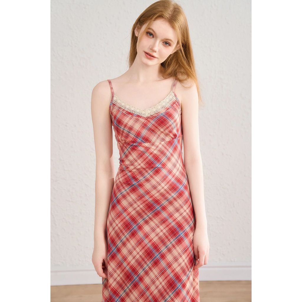 ลายสก๊อตฝรั่งเศสสลิง Tea Break กระโปรงผู้หญิงฤดูร้อนลูกไม้ V คอผ้ากอซชุดกระโปรงยาว 305 FK5O