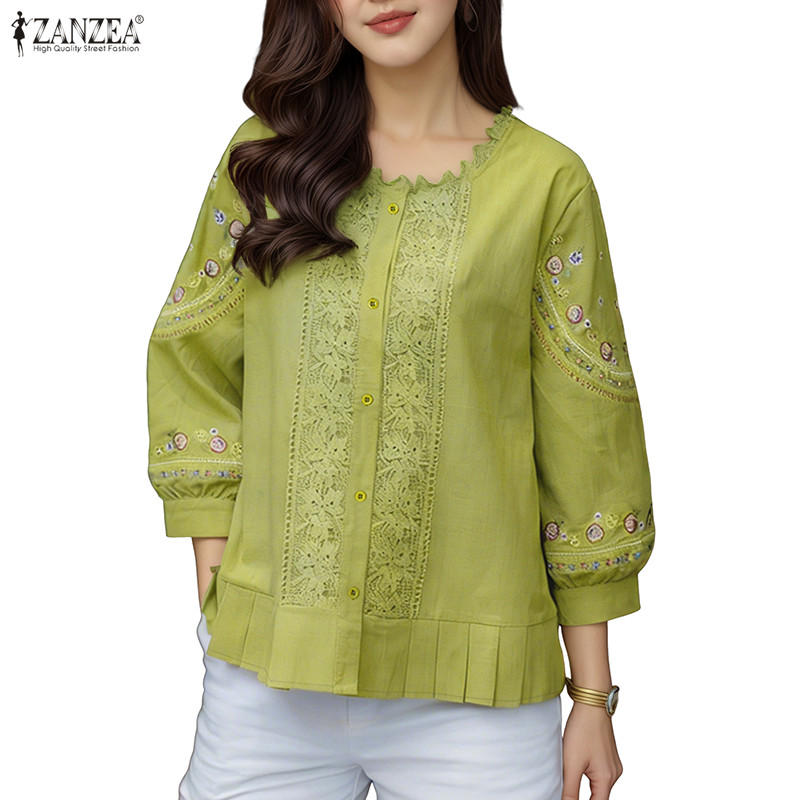 ZANZEA เสื้อผ้าสไตล์เกาหลีสำหรับผู้หญิง แขนสามส่วนสี่ ทำจากผ้าลูกไม้ – โปรปัง