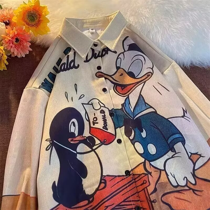 เสื้อเชิ้ตแขนยาวพิมพ์ลายเป็ดโดนัลด์ สไตล์ลำลอง เหมาะสมทุกเพศ