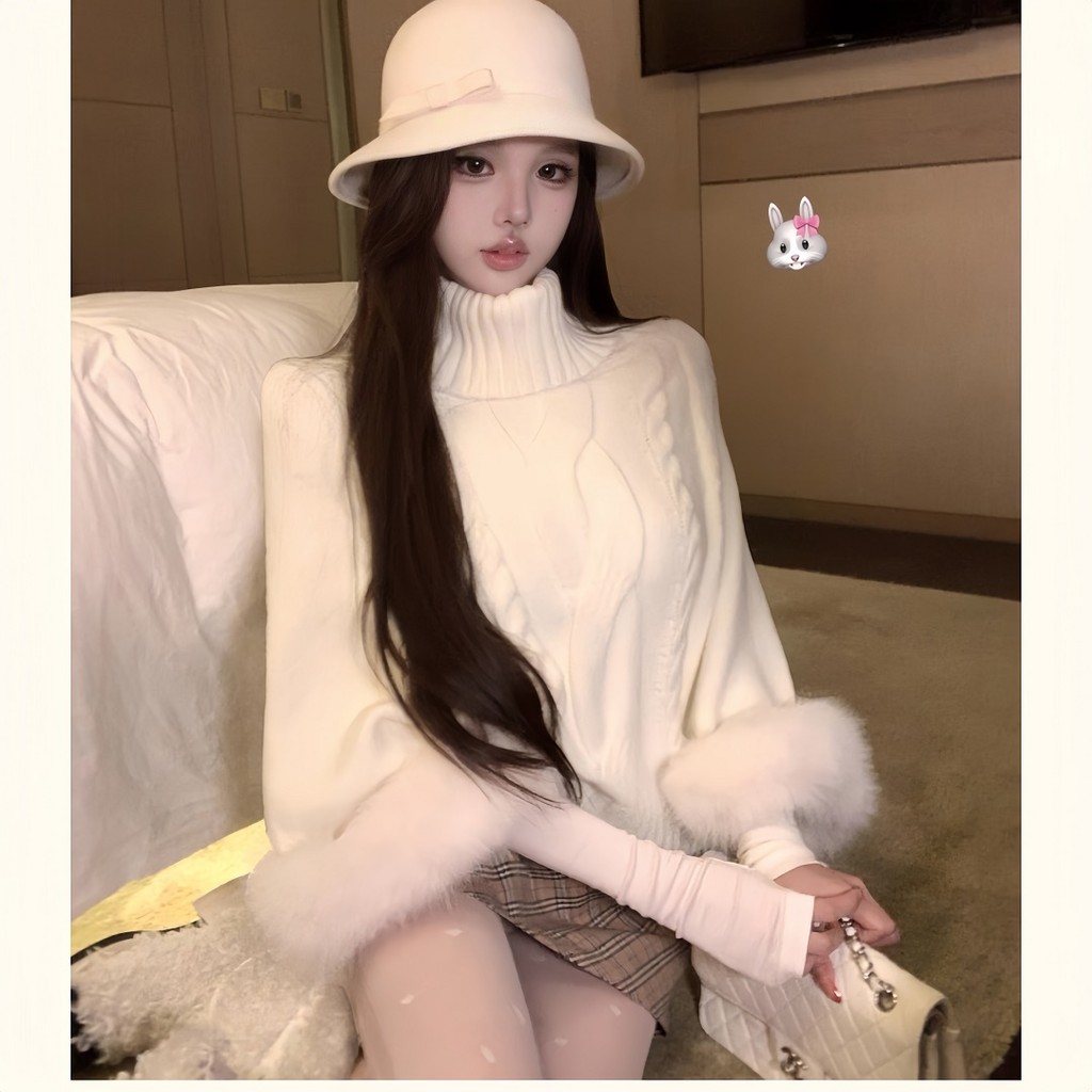 สีกากี Cuffs Fox Fur คอเต่าเสื้อกันหนาวผู้หญิงฤดูใบไม้ร่วงหลวม Twist เสื้อกันหนาวขี้เกียจเสื้อแขนยาว