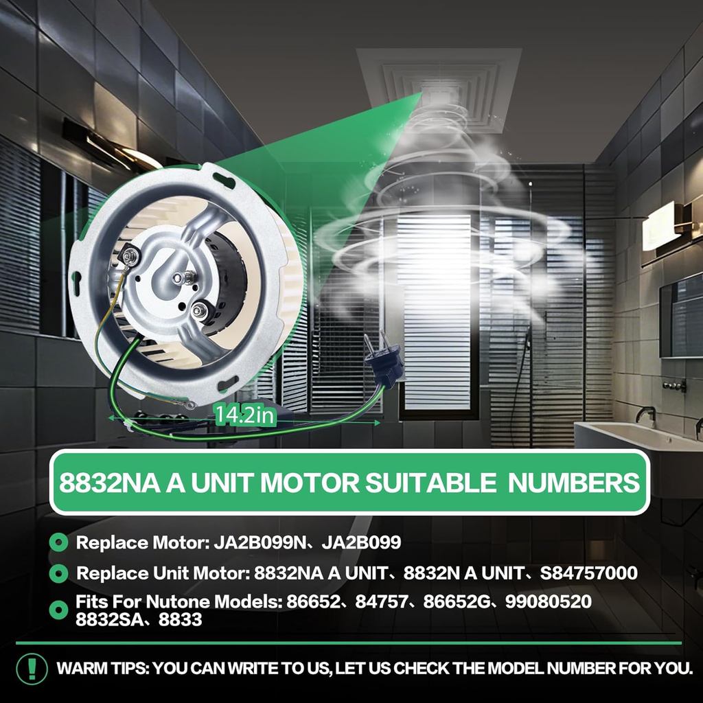 Upgraded 8832N 8832NA Blower Motor 100CFM for Nutone 8832NA A Unit, 84757 JA2B099N Pure Copper Bathr