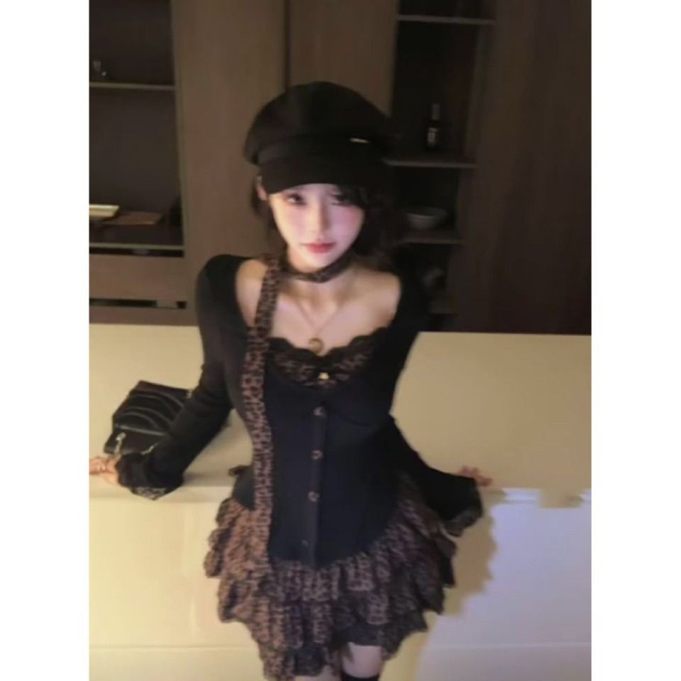 Pure Desire Fluffy American Hot Girl Design Sense Leopard Print Stitching Top Temperament Puffy Skir